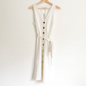 NWT Loft White Linen Blend Vneck Button Up Belted Dress